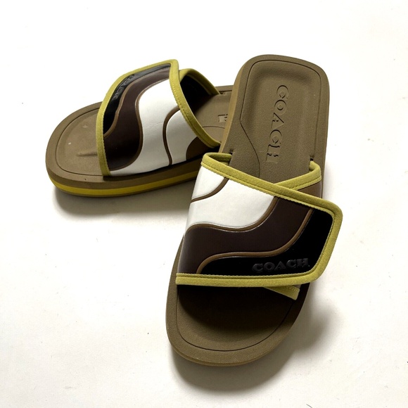 NWOB COACH Sport Slide Size 8 Rubber Pool Beach CA326 Brown Green Leather - Picture 6 of 10
